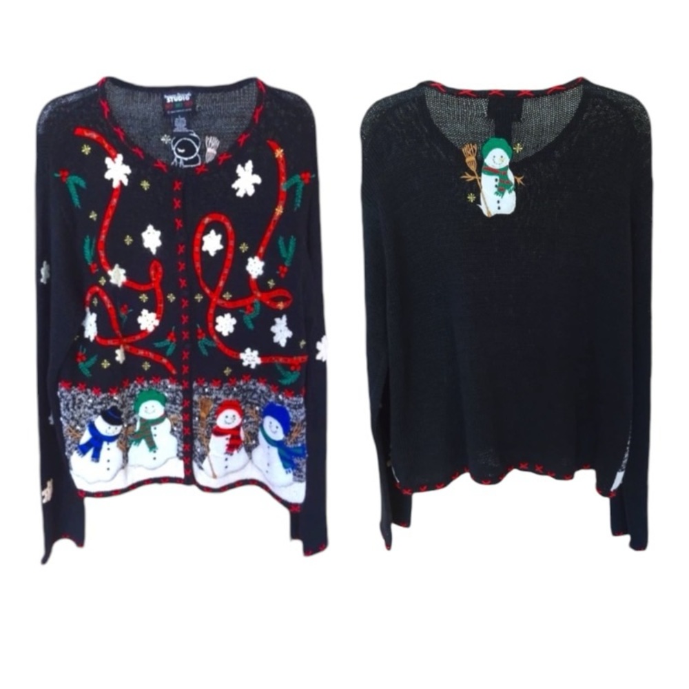 EUC Ugly Christmas Sweater Winner Large Black Appliqués Embroidery Beaded Women